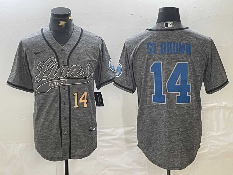 Men%27s Detroit Lions #14 Amon-Ra St. Brown Number Gray Cool Base Stitched Baseball Jersey